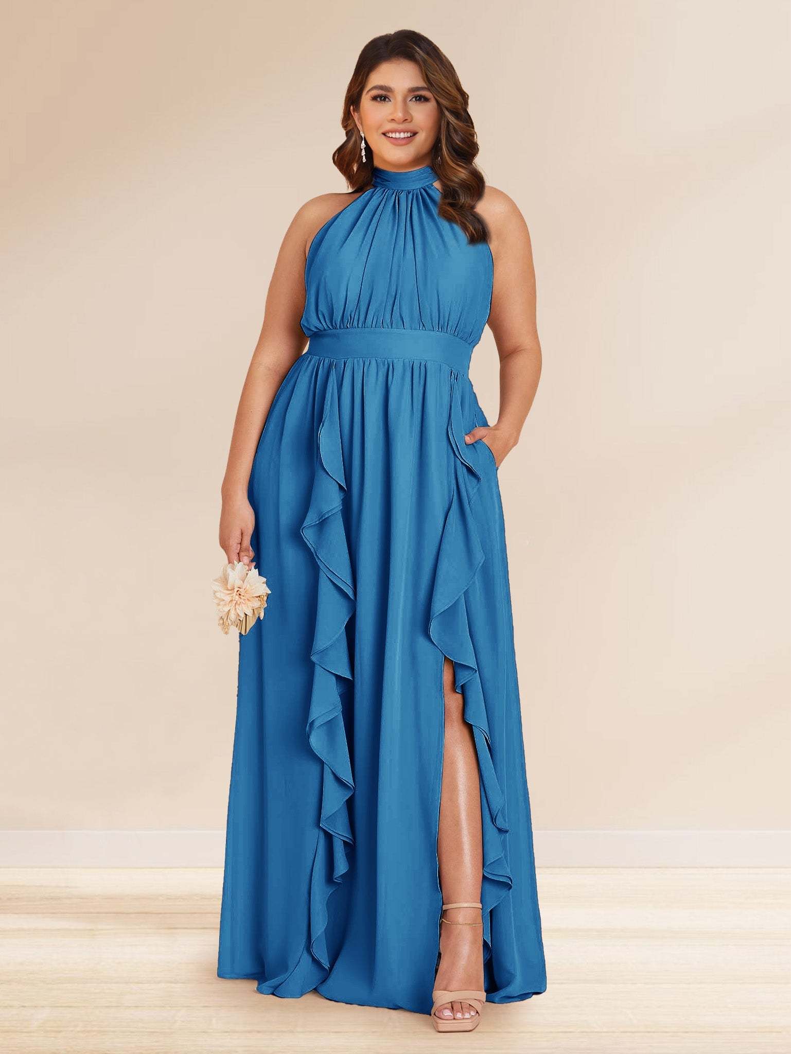 Chiffon A Line Princess Halter Plus Size Bridesmaid Dresses with Split Side Ruffles