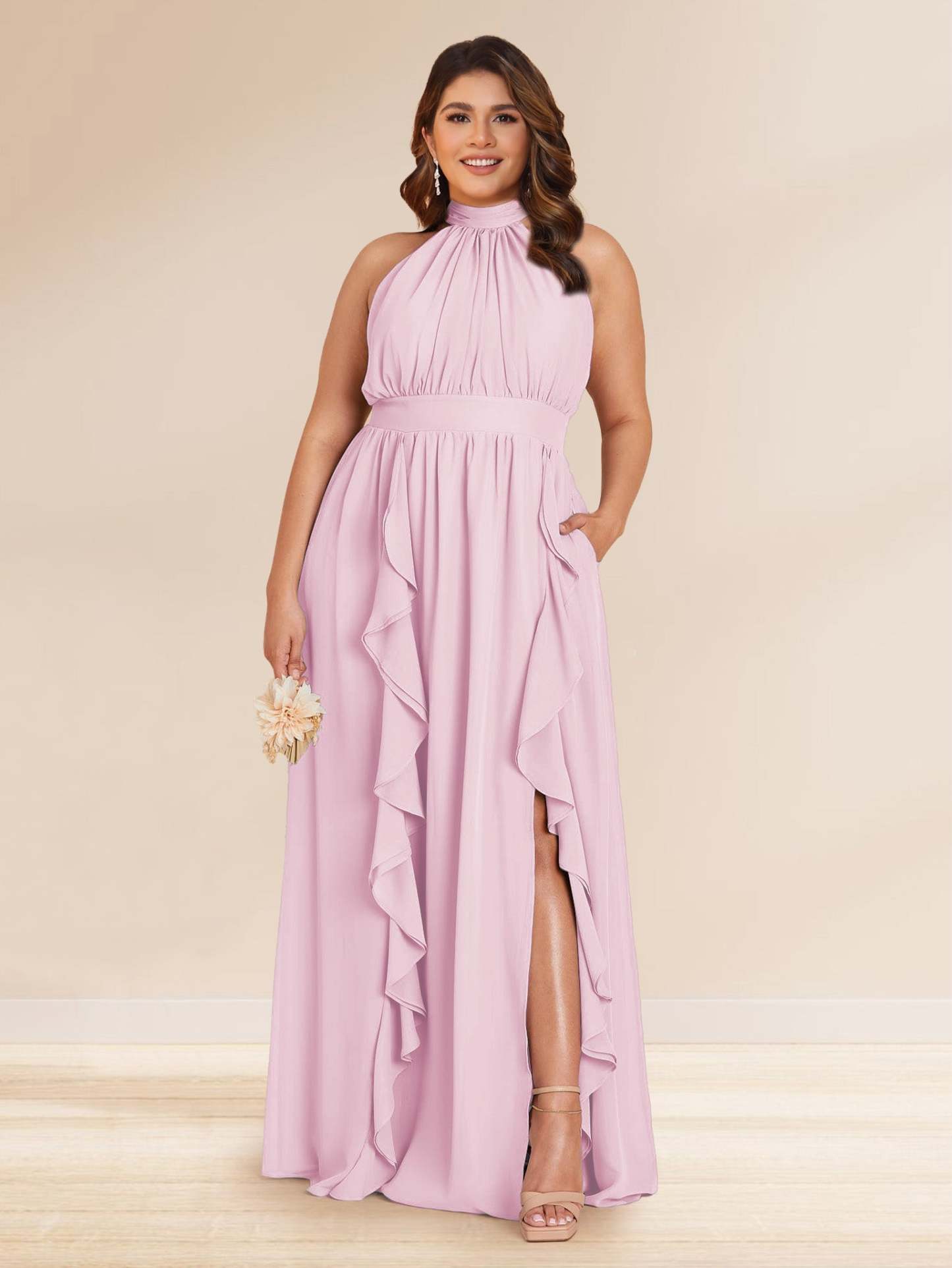 Chiffon A Line Princess Halter Plus Size Bridesmaid Dresses with Split Side Ruffles