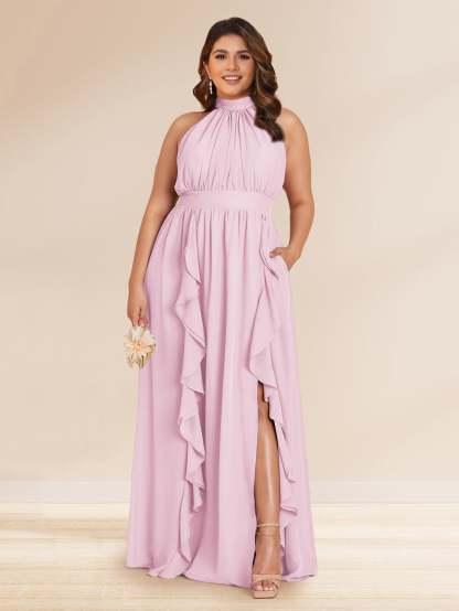 Chiffon A Line Princess Halter Plus Size Bridesmaid Dresses with Split Side Ruffles