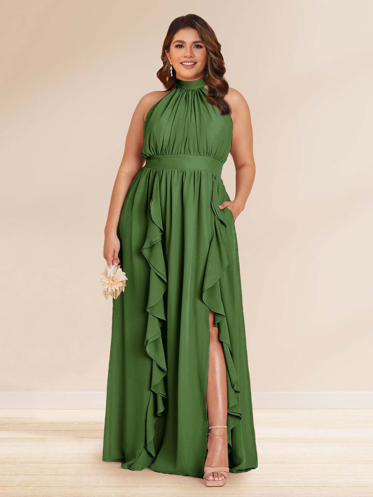 Chiffon A Line Princess Halter Plus Size Bridesmaid Dresses with Split Side Ruffles