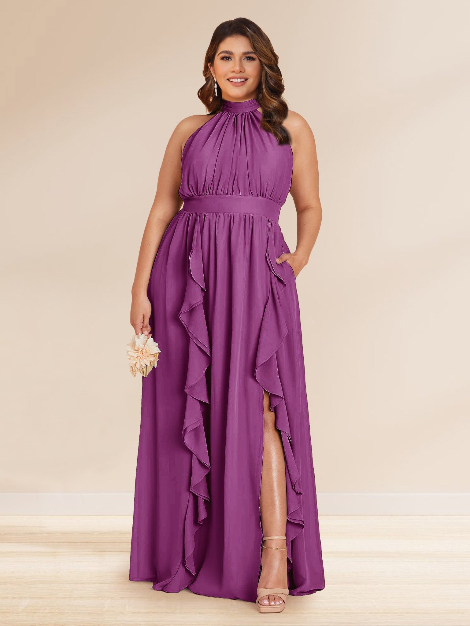 Chiffon A Line Princess Halter Plus Size Bridesmaid Dresses with Split Side Ruffles