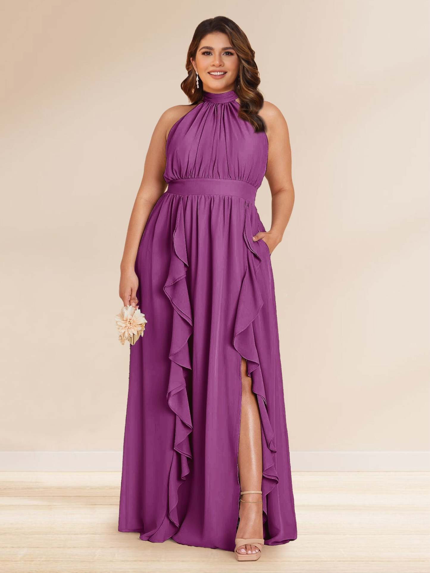 Chiffon A Line Princess Halter Plus Size Bridesmaid Dresses with Split Side Ruffles