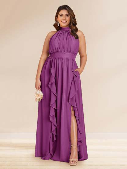 Chiffon A Line Princess Halter Plus Size Bridesmaid Dresses with Split Side Ruffles