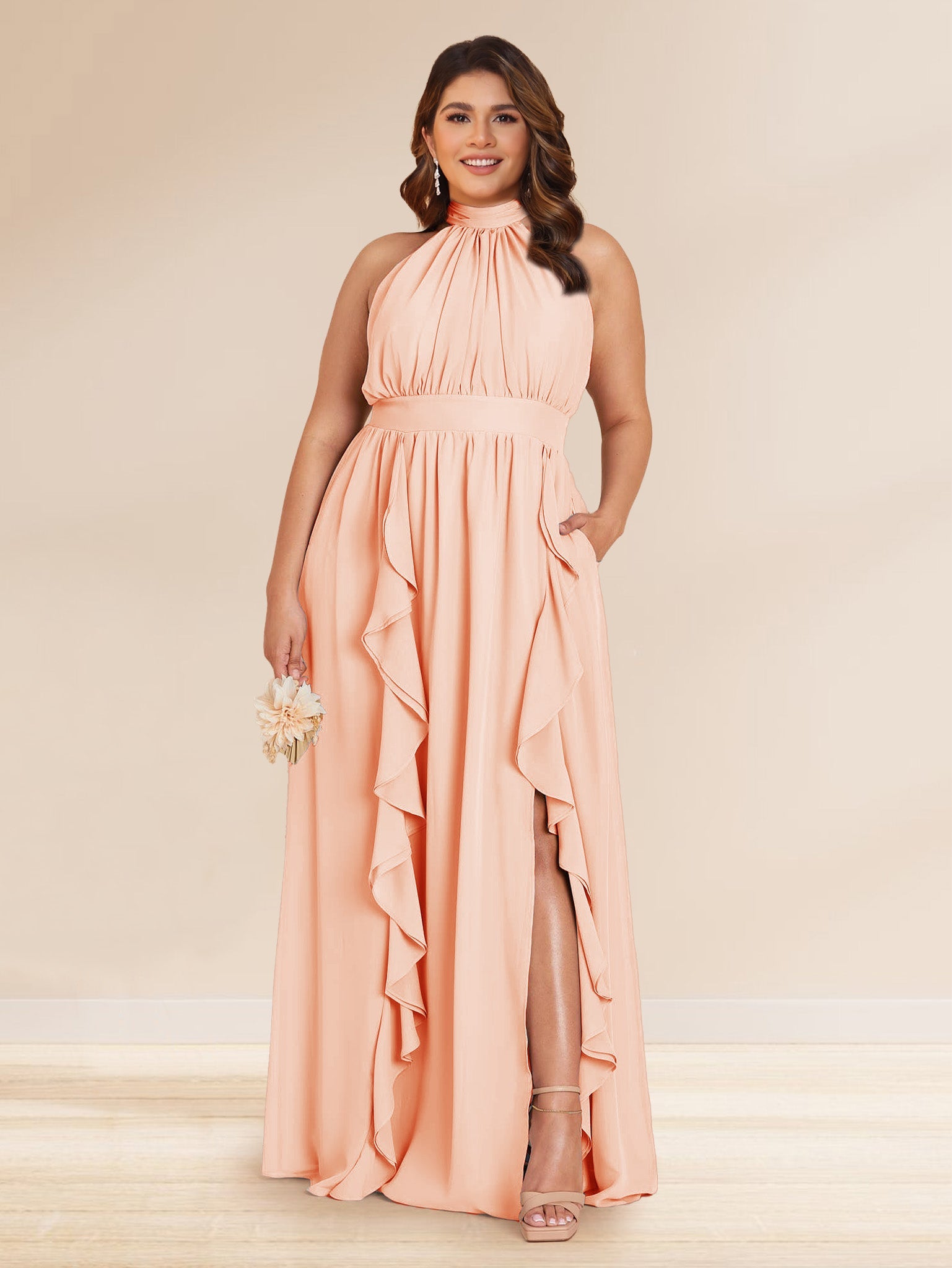 Chiffon A Line Princess Halter Plus Size Bridesmaid Dresses with Split Side Ruffles