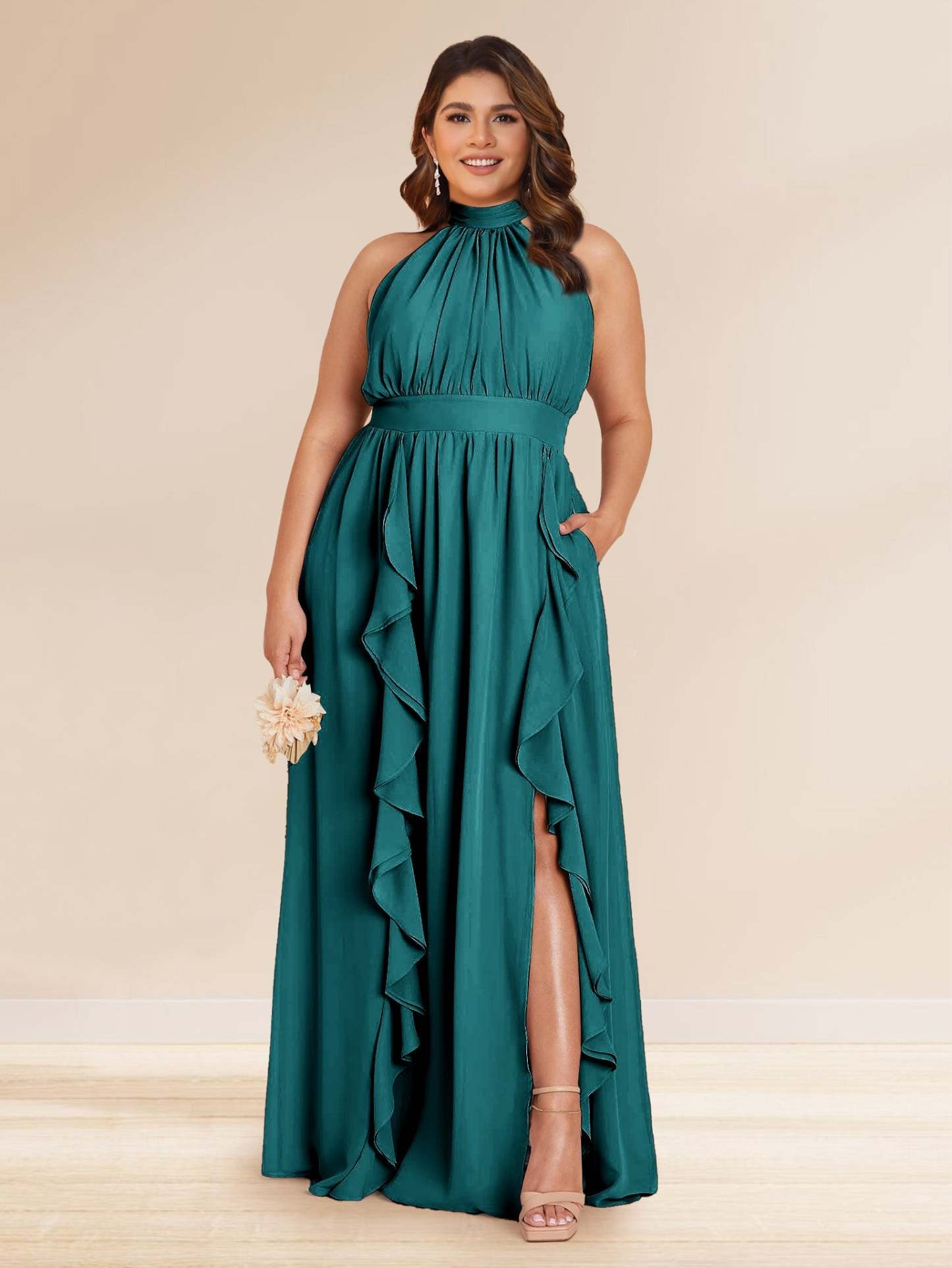 Chiffon A Line Princess Halter Plus Size Bridesmaid Dresses with Split Side Ruffles