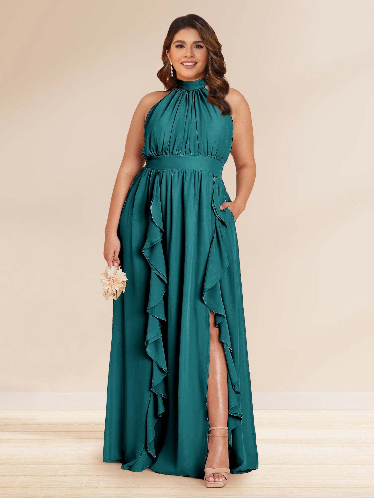 Chiffon A Line Princess Halter Plus Size Bridesmaid Dresses with Split Side Ruffles