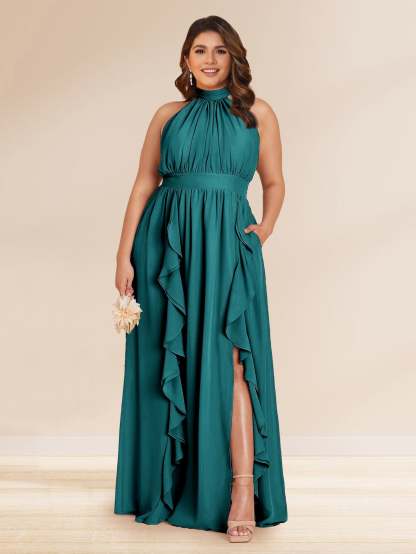 Chiffon A Line Princess Halter Plus Size Bridesmaid Dresses with Split Side Ruffles