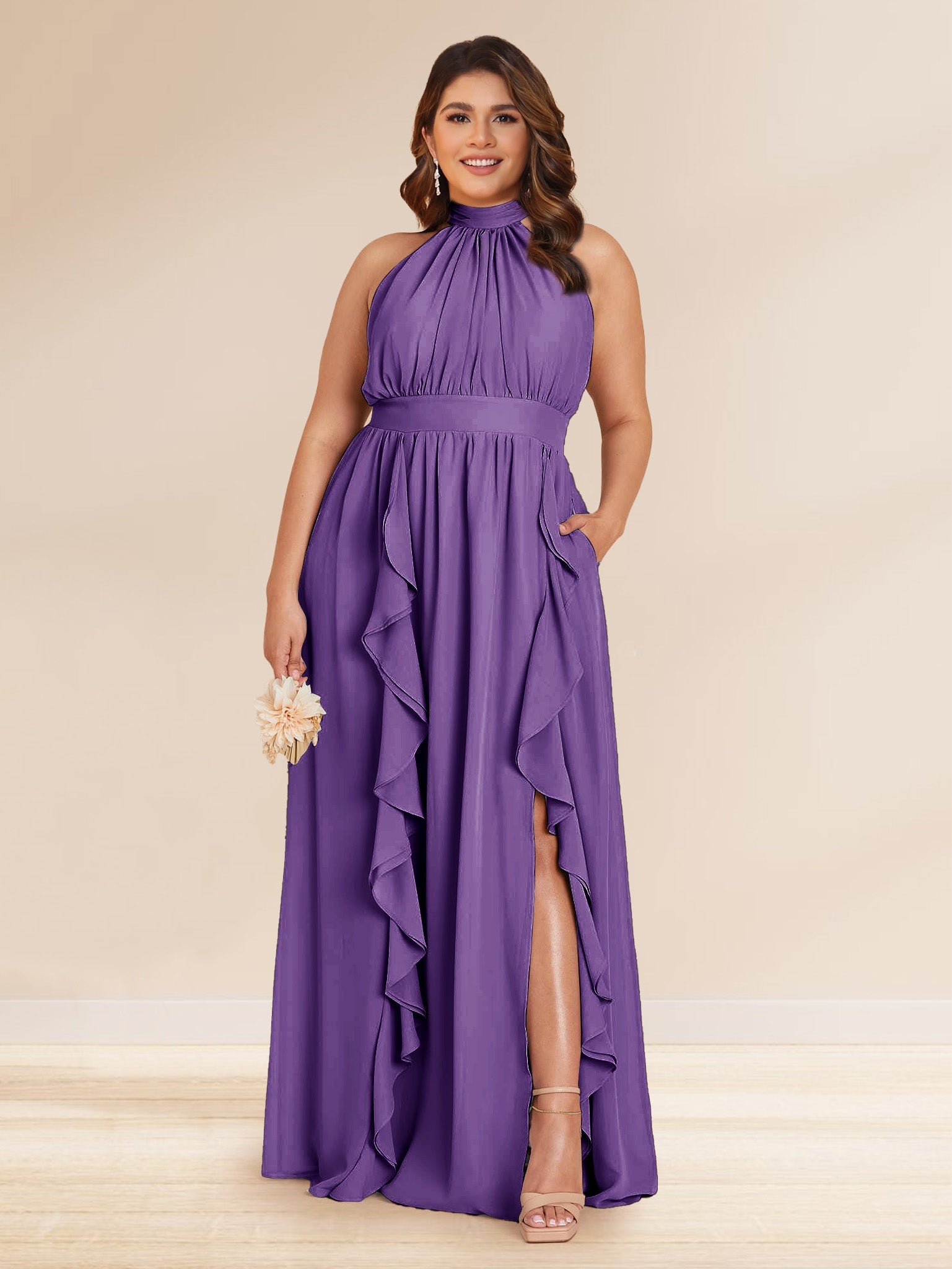 Chiffon A Line Princess Halter Plus Size Bridesmaid Dresses with Split Side Ruffles
