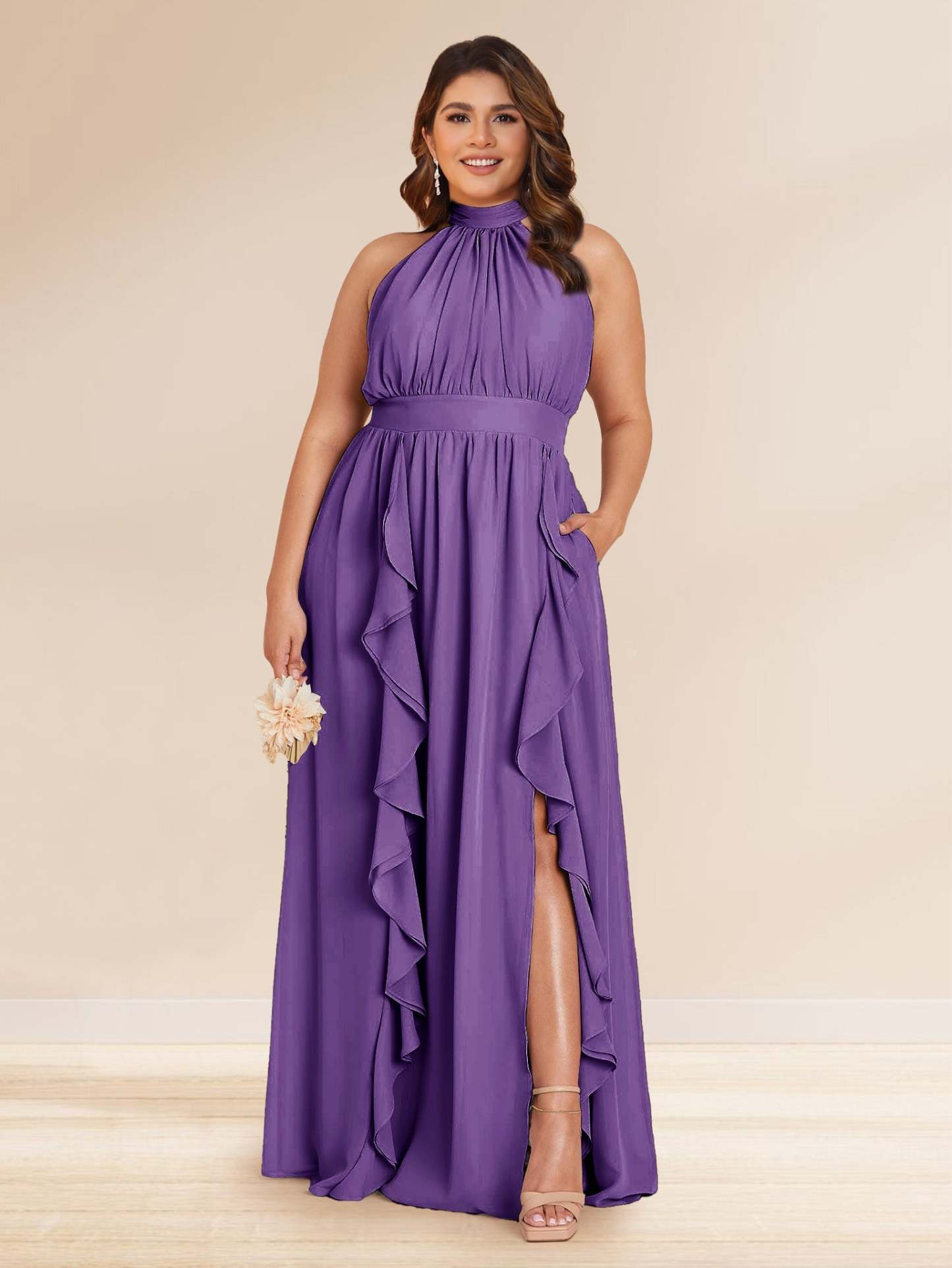 Chiffon A Line Princess Halter Plus Size Bridesmaid Dresses with Split Side Ruffles