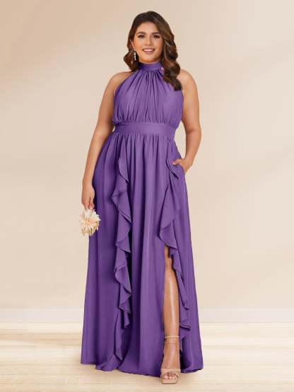 Chiffon A Line Princess Halter Plus Size Bridesmaid Dresses with Split Side Ruffles