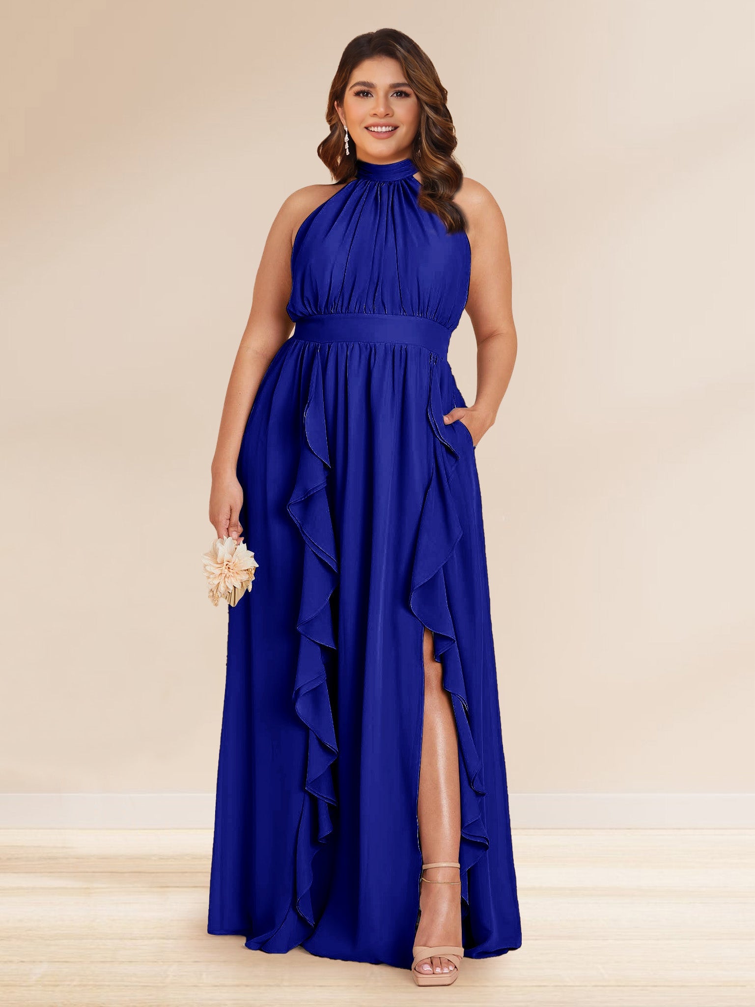 Chiffon A Line Princess Halter Plus Size Bridesmaid Dresses with Split Side Ruffles