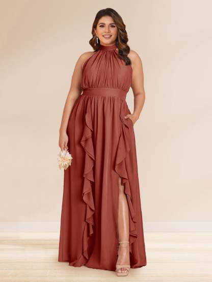 Chiffon A Line Princess Halter Plus Size Bridesmaid Dresses with Split Side Ruffles