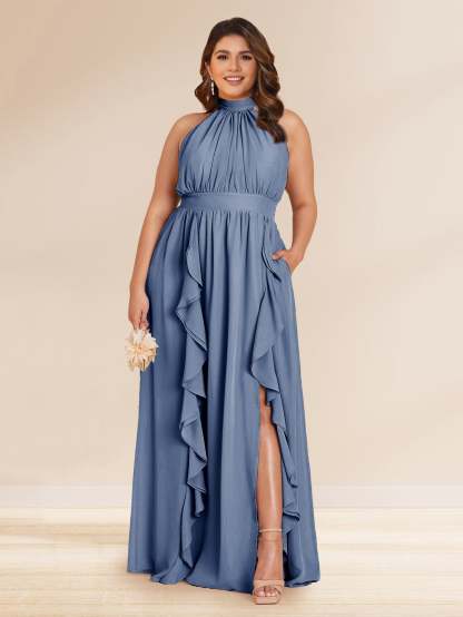 Chiffon A Line Princess Halter Plus Size Bridesmaid Dresses with Split Side Ruffles