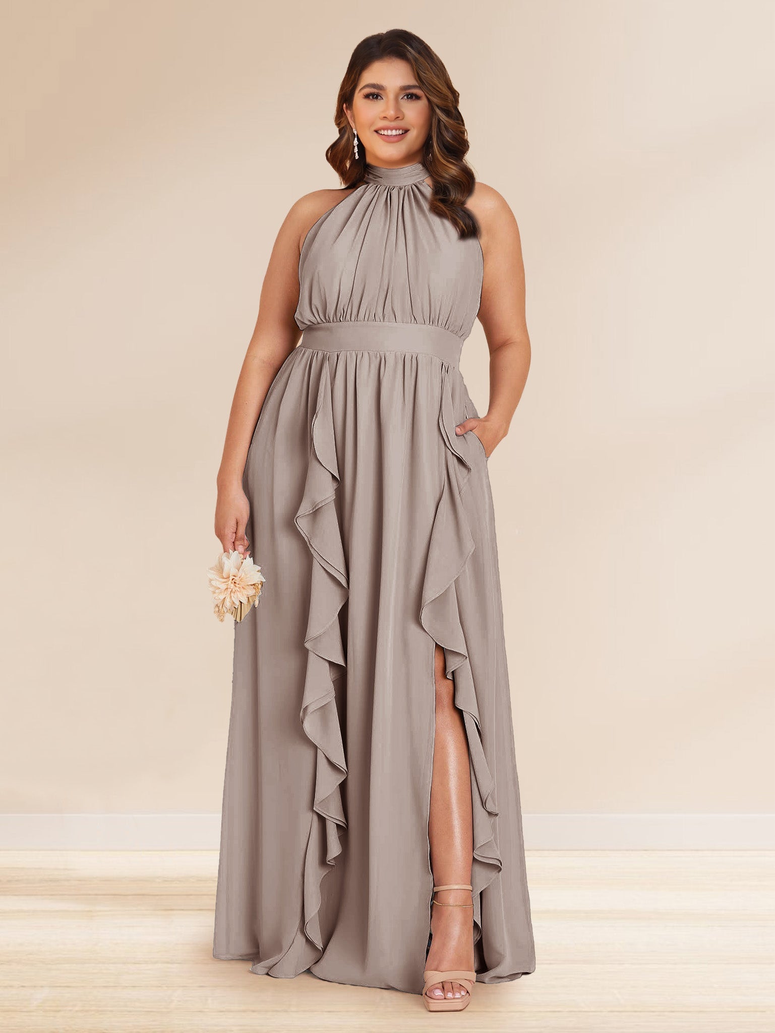 Chiffon A Line Princess Halter Plus Size Bridesmaid Dresses with Split Side Ruffles