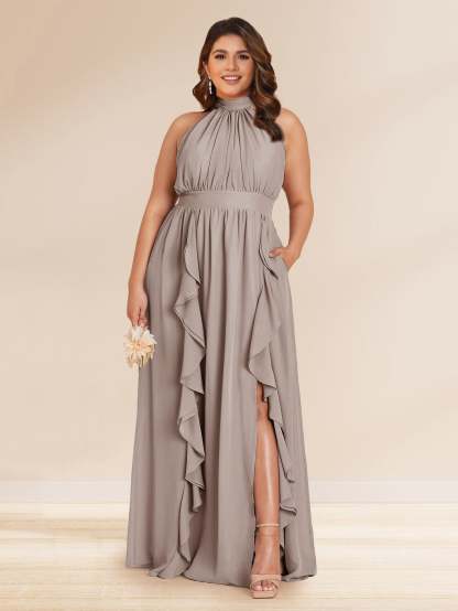 Chiffon A Line Princess Halter Plus Size Bridesmaid Dresses with Split Side Ruffles