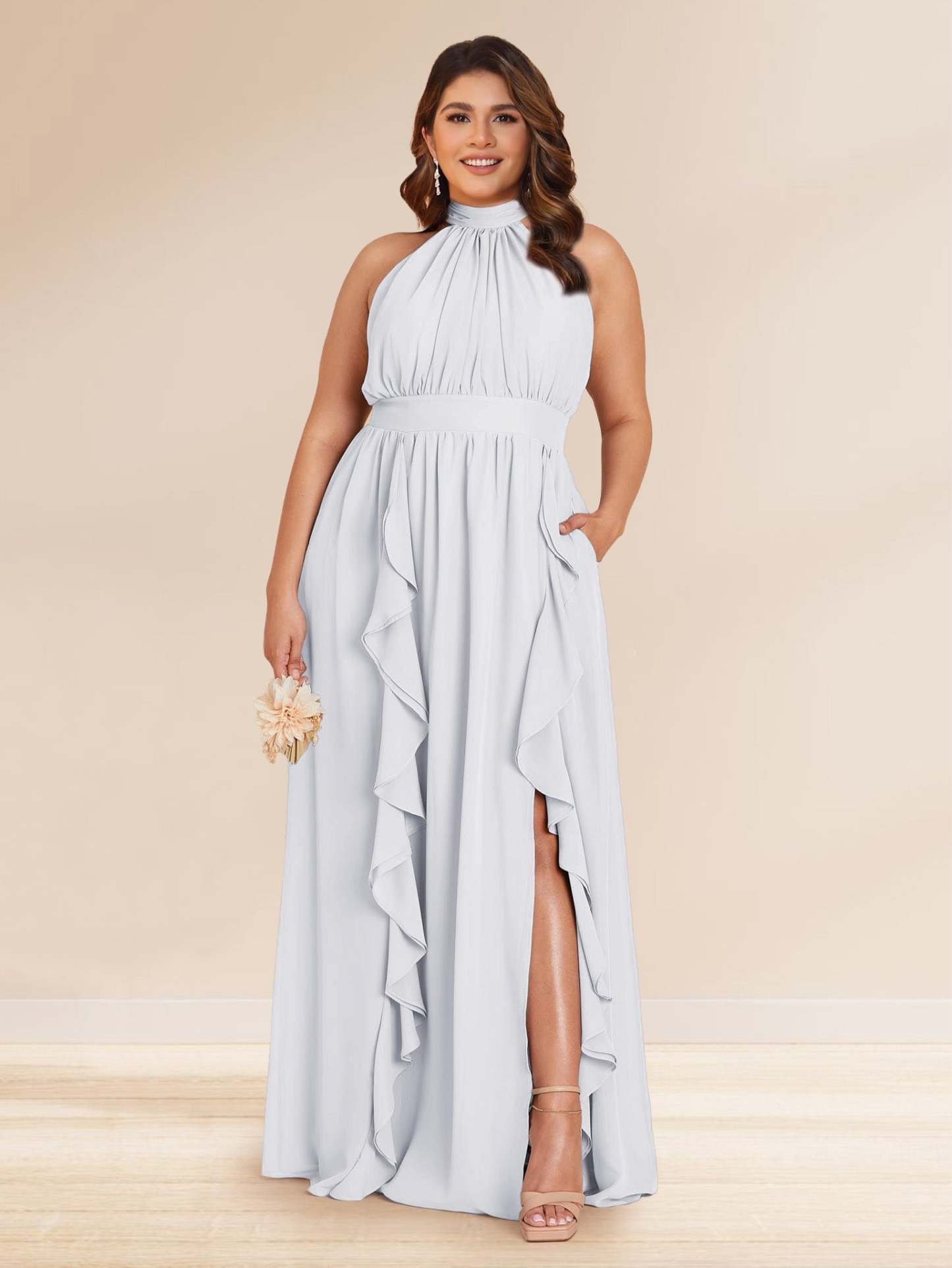 Chiffon A Line Princess Halter Plus Size Bridesmaid Dresses with Split Side Ruffles
