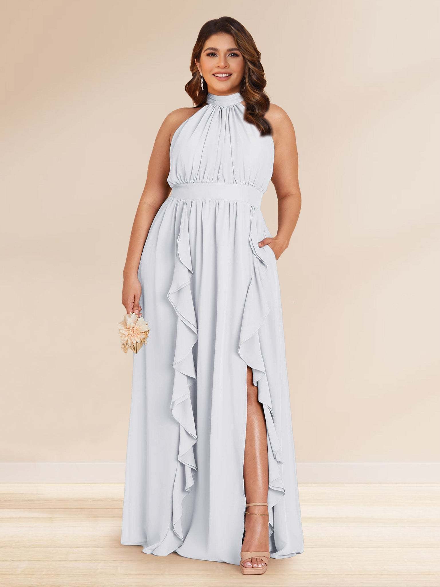 Chiffon A Line Princess Halter Plus Size Bridesmaid Dresses with Split Side Ruffles