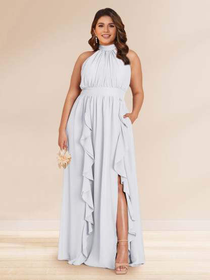 Chiffon A Line Princess Halter Plus Size Bridesmaid Dresses with Split Side Ruffles