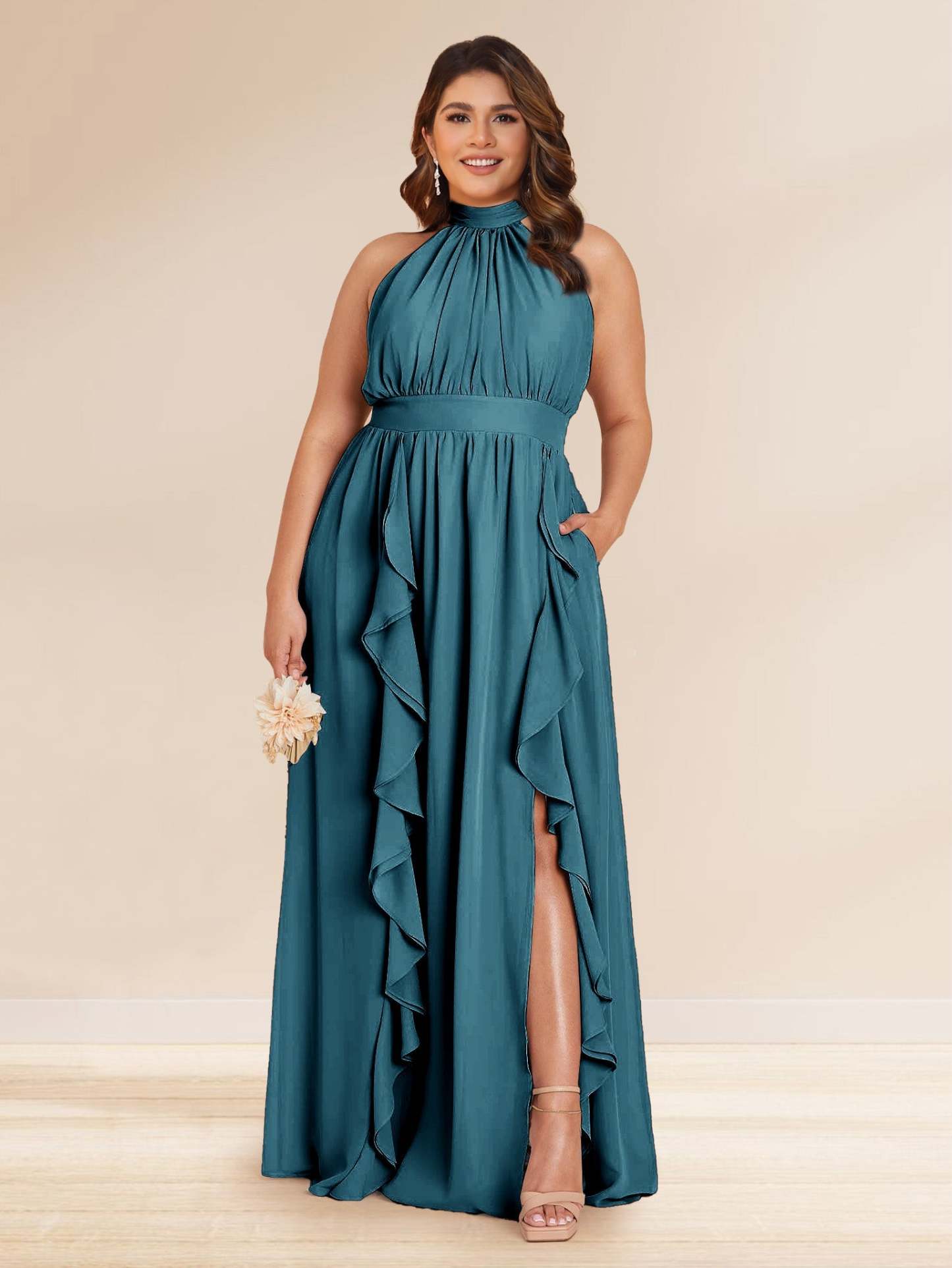 Chiffon A Line Princess Halter Plus Size Bridesmaid Dresses with Split Side Ruffles