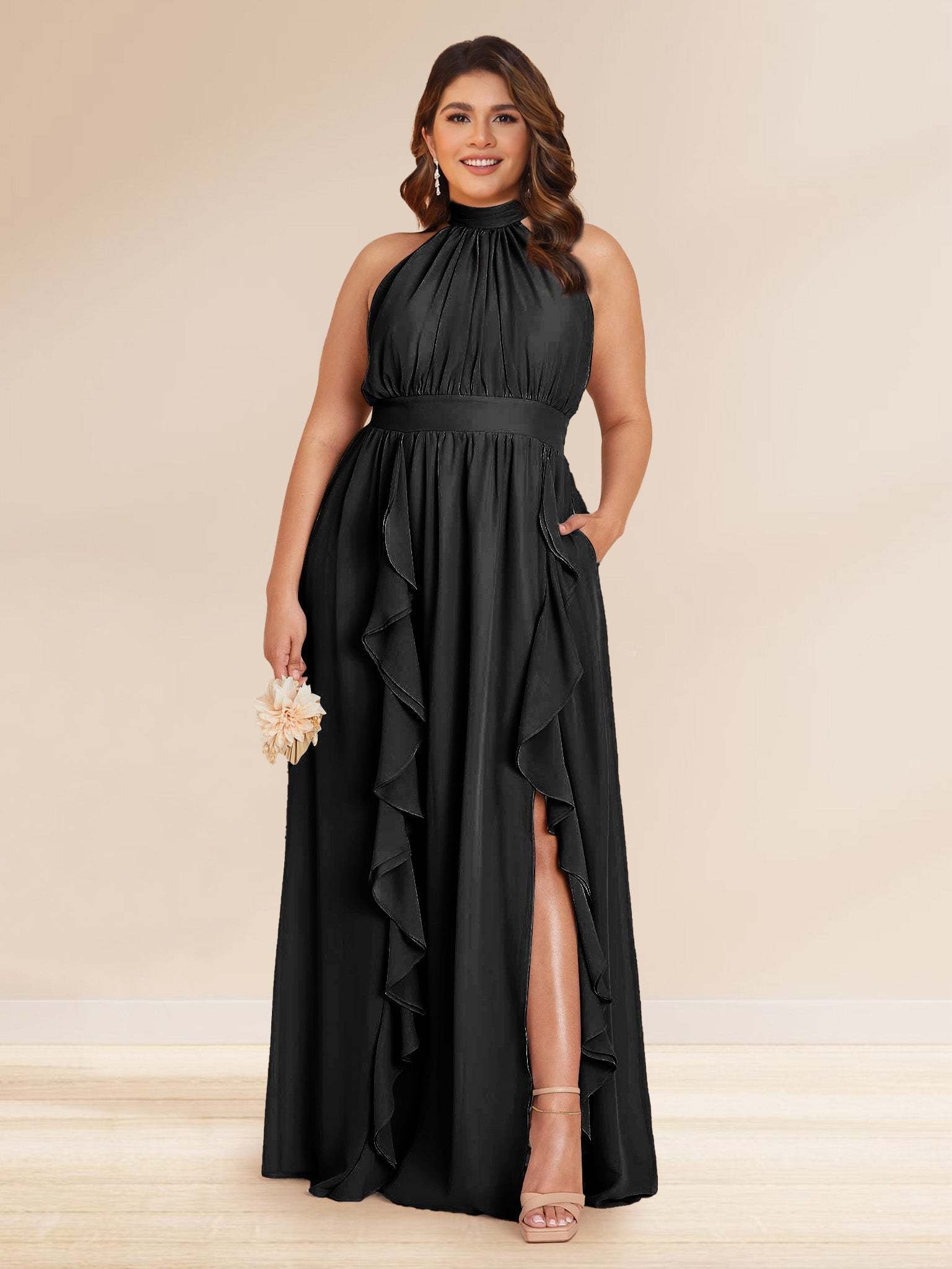 Chiffon A Line Princess Halter Plus Size Bridesmaid Dresses with Split Side Ruffles
