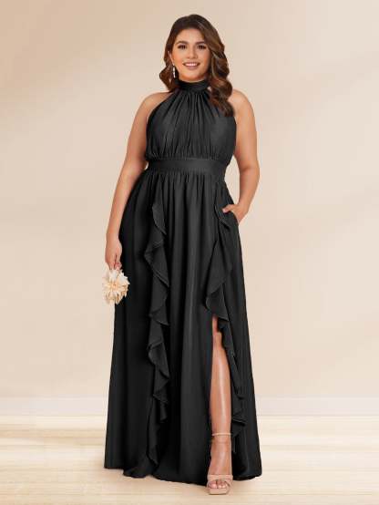 Chiffon A Line Princess Halter Plus Size Bridesmaid Dresses with Split Side Ruffles
