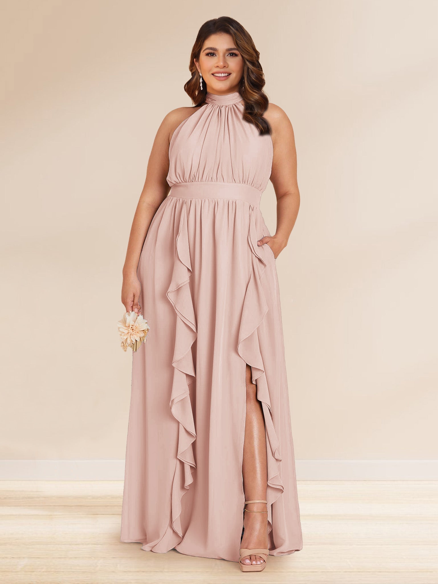 Chiffon A Line Princess Halter Plus Size Bridesmaid Dresses with Split Side Ruffles
