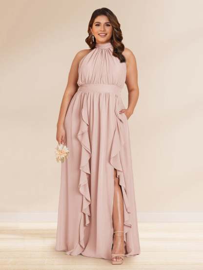 Chiffon A Line Princess Halter Plus Size Bridesmaid Dresses with Split Side Ruffles