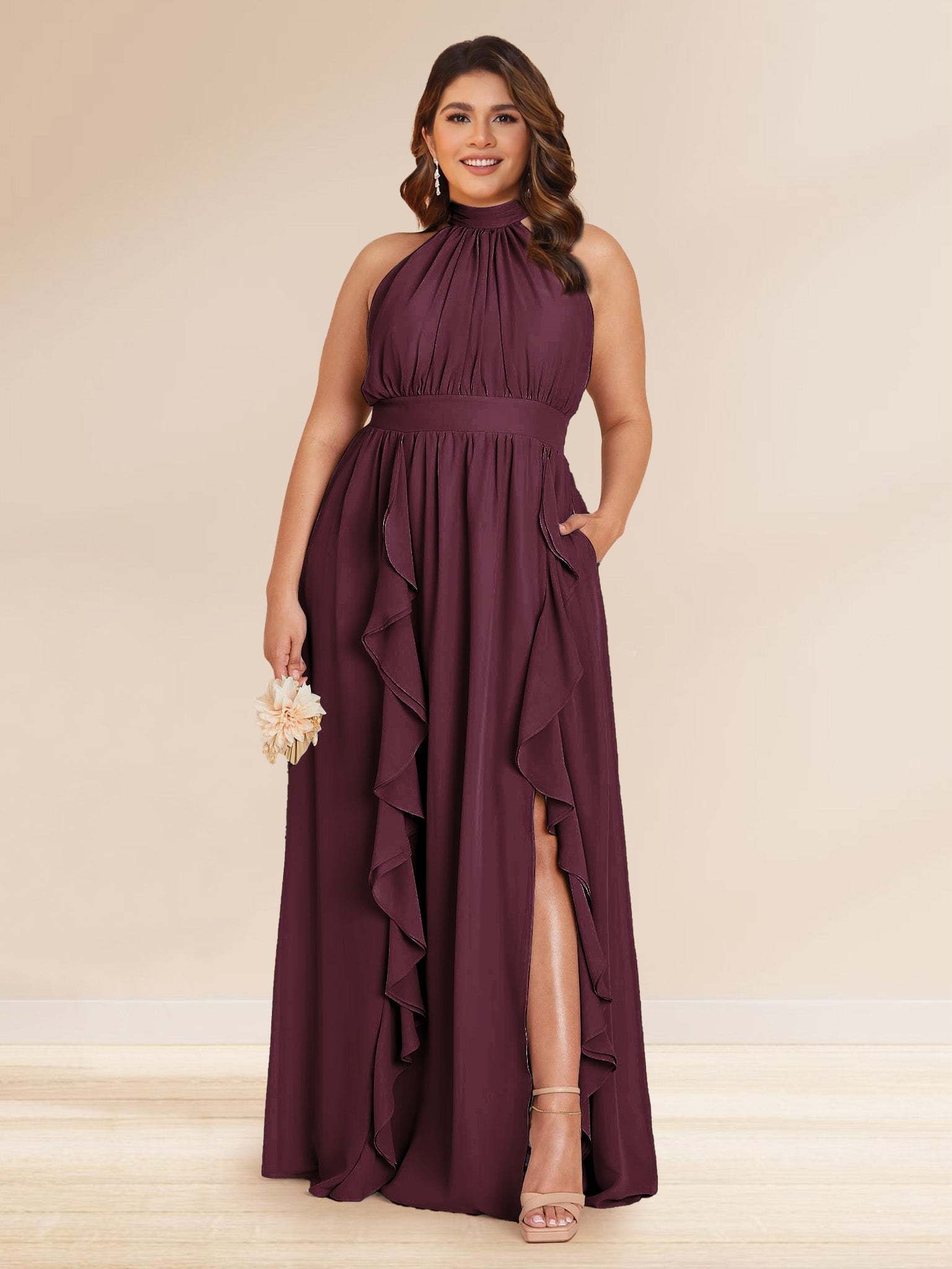 Chiffon A Line Princess Halter Plus Size Bridesmaid Dresses with Split Side Ruffles
