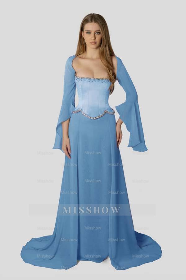 Chiffon Long Sleeves Long Mermaid Formal Dress With Beading Pleated