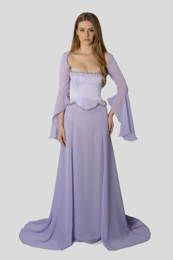Chiffon Long Sleeves Long Mermaid Formal Dress With Beading Pleated