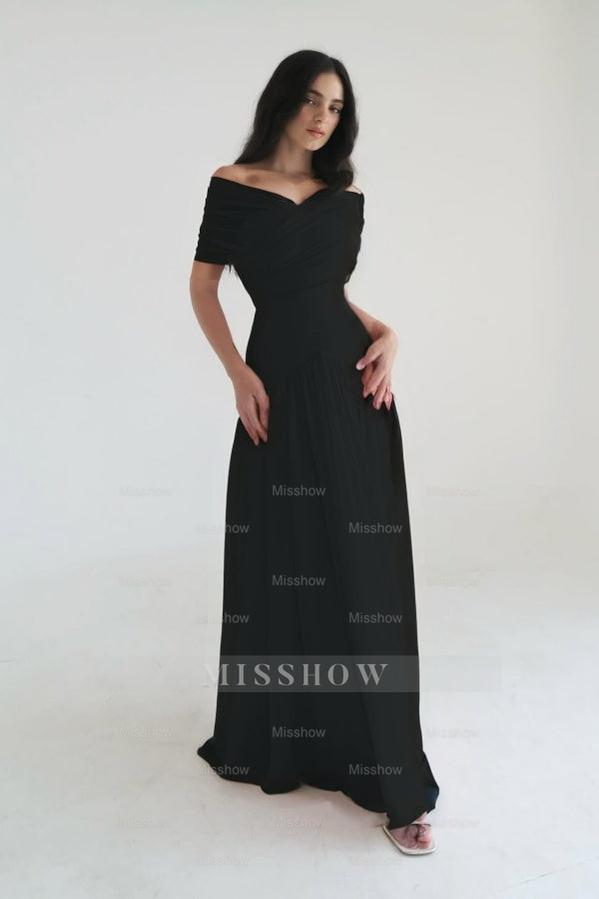 Chiffon Off the Shoulder Sleeveless Long Formal Dress With Pleated
