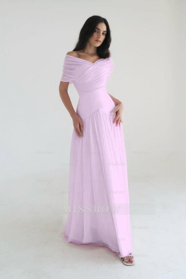 Chiffon Off the Shoulder Sleeveless Long Formal Dress With Pleated