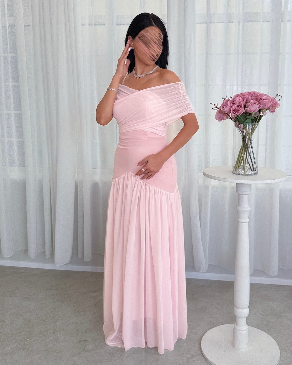 Chiffon Off the Shoulder Sleeveless Long Formal Dress With Pleated