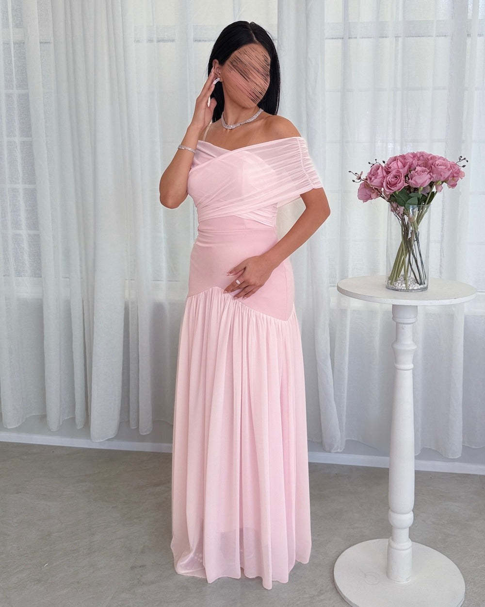 Chiffon Off the Shoulder Sleeveless Long Formal Dress With Pleated