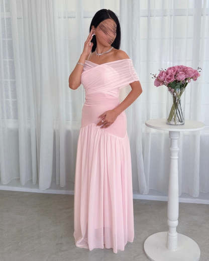 Chiffon Off the Shoulder Sleeveless Long Formal Dress With Pleated