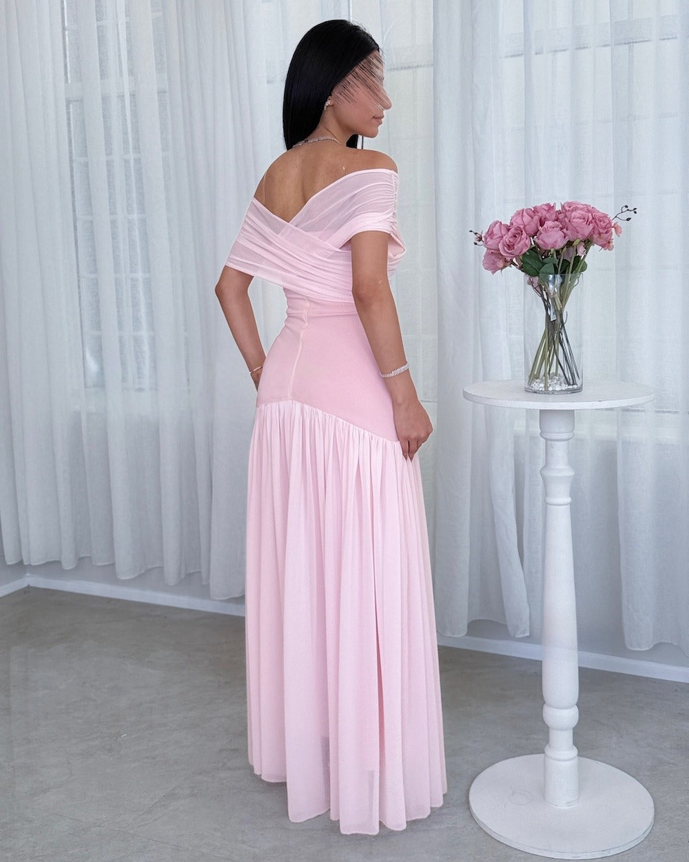 Chiffon Off the Shoulder Sleeveless Long Formal Dress With Pleated