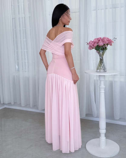 Chiffon Off the Shoulder Sleeveless Long Formal Dress With Pleated