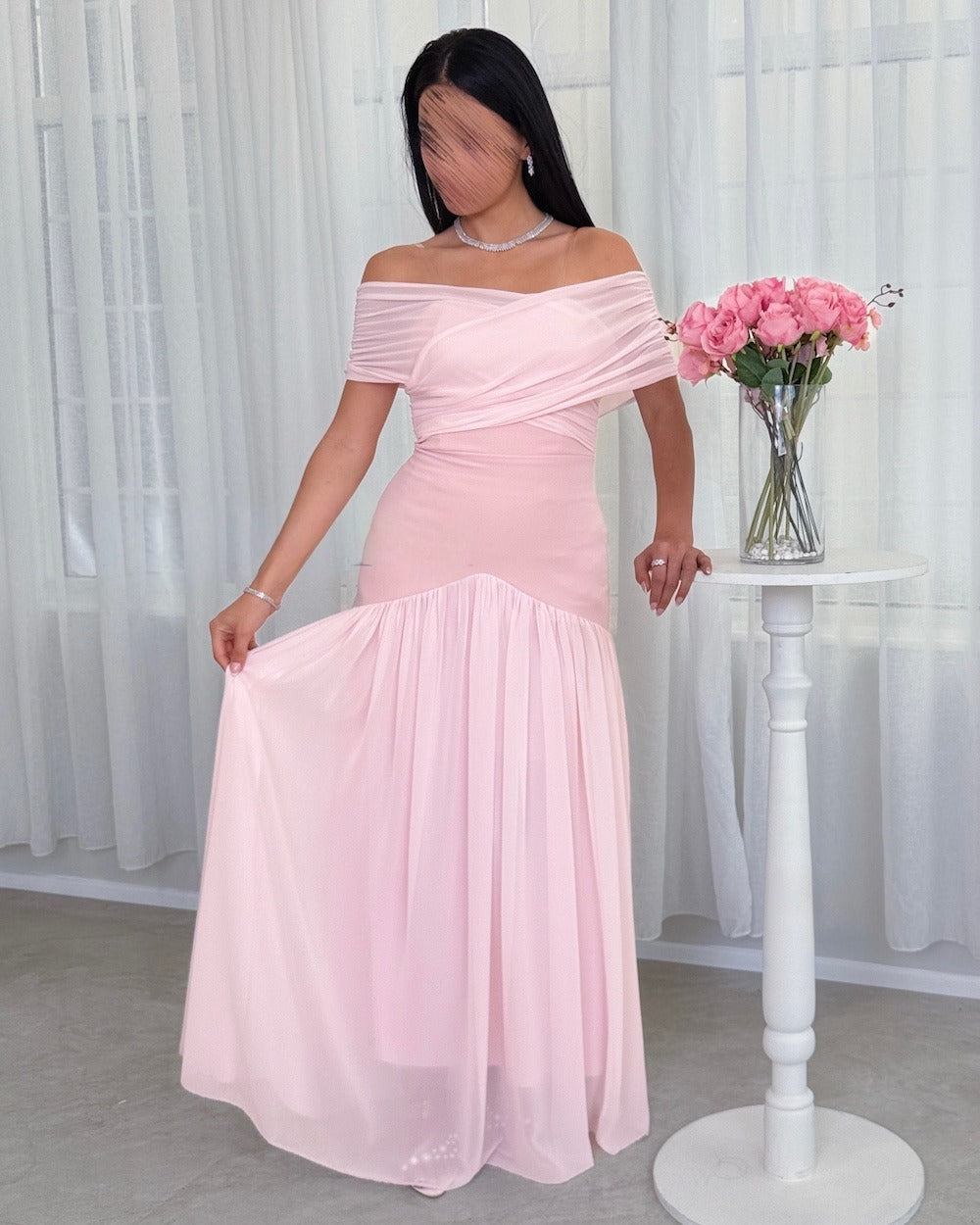Chiffon Off the Shoulder Sleeveless Long Formal Dress With Pleated