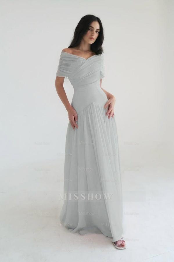 Chiffon Off the Shoulder Sleeveless Long Formal Dress With Pleated