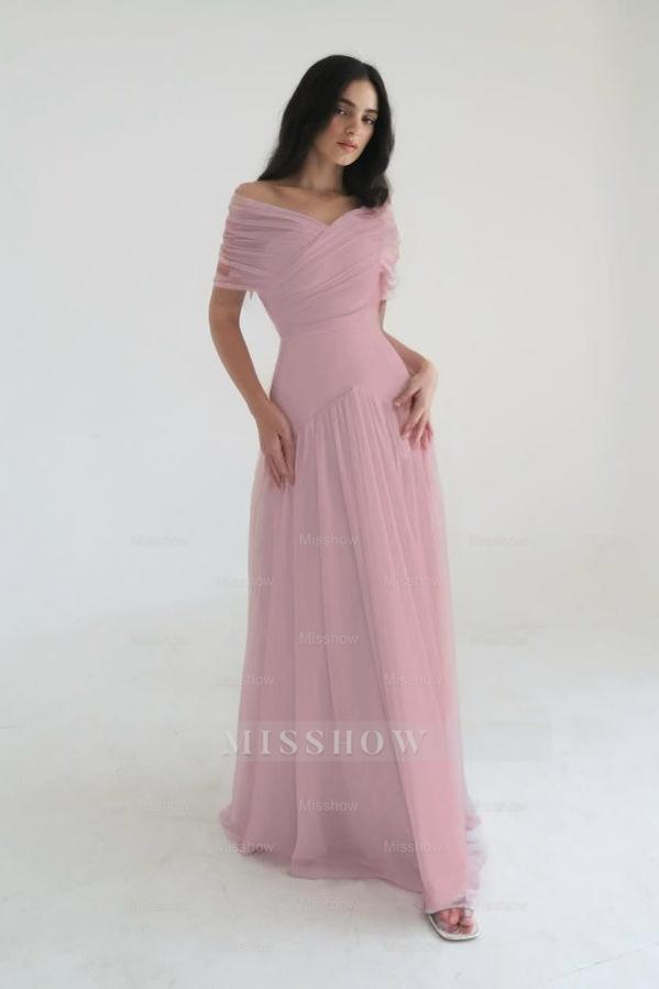 Chiffon Off the Shoulder Sleeveless Long Formal Dress With Pleated