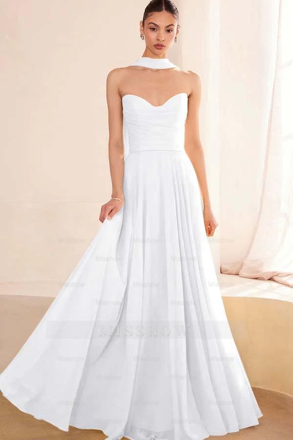 Chiffon Strapless Sleeveless Long A Line Formal Dress With Pleated