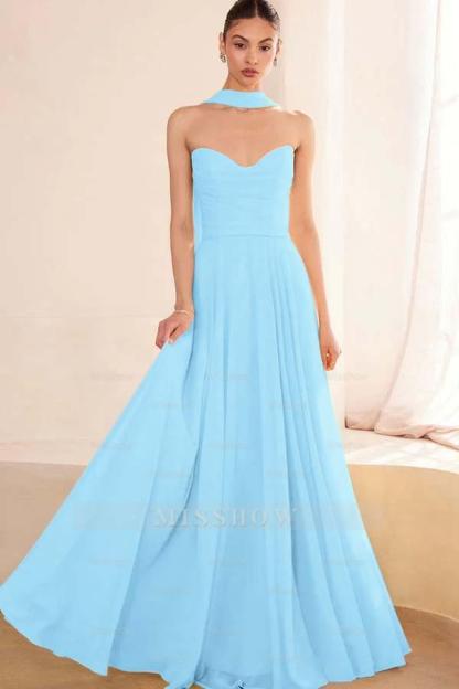 Chiffon Strapless Sleeveless Long A Line Formal Dress With Pleated