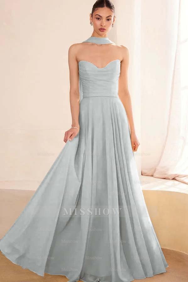 Chiffon Strapless Sleeveless Long A Line Formal Dress With Pleated