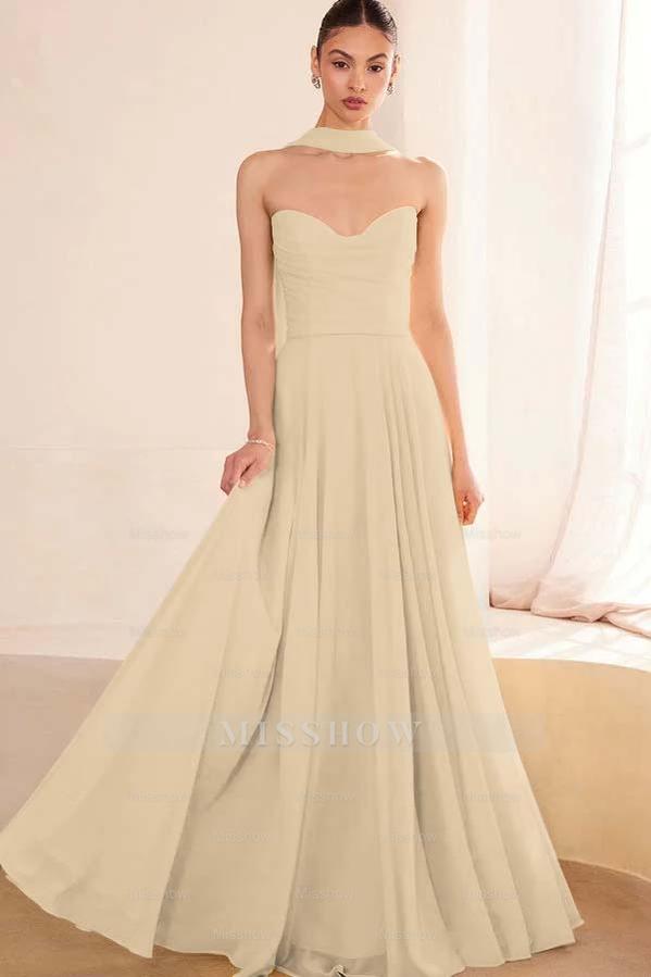 Chiffon Strapless Sleeveless Long A Line Formal Dress With Pleated