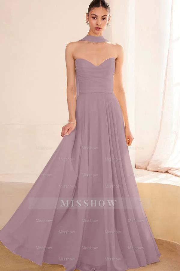 Chiffon Strapless Sleeveless Long A Line Formal Dress With Pleated