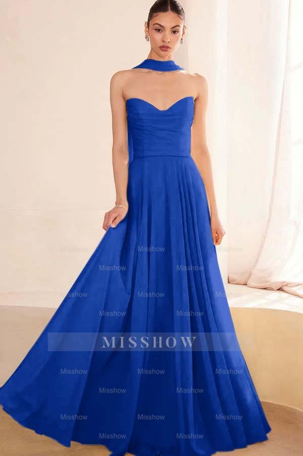 Chiffon Strapless Sleeveless Long A Line Formal Dress With Pleated