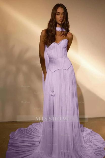 Chiffon Strapless Sleeveless Long Formal Dress With Belt Ruffles