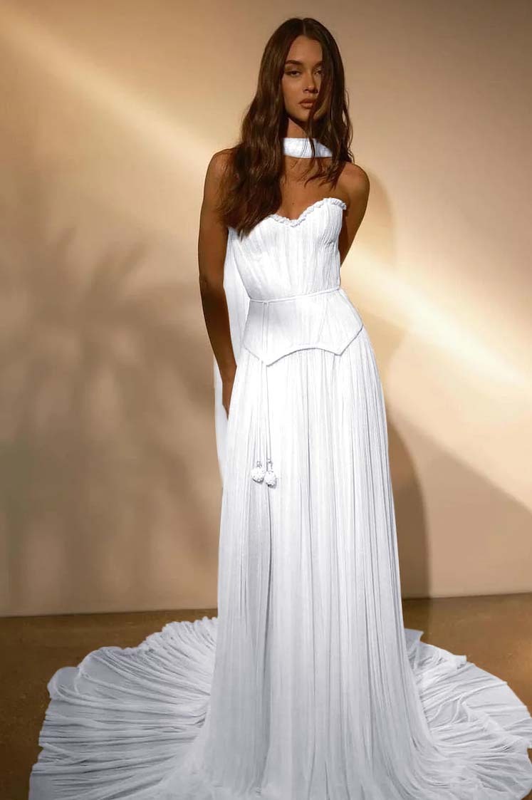 Chiffon Strapless Sleeveless Long Formal Dress With Belt Ruffles
