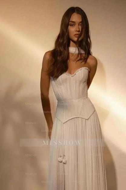 Chiffon Strapless Sleeveless Long Formal Dress With Belt Ruffles