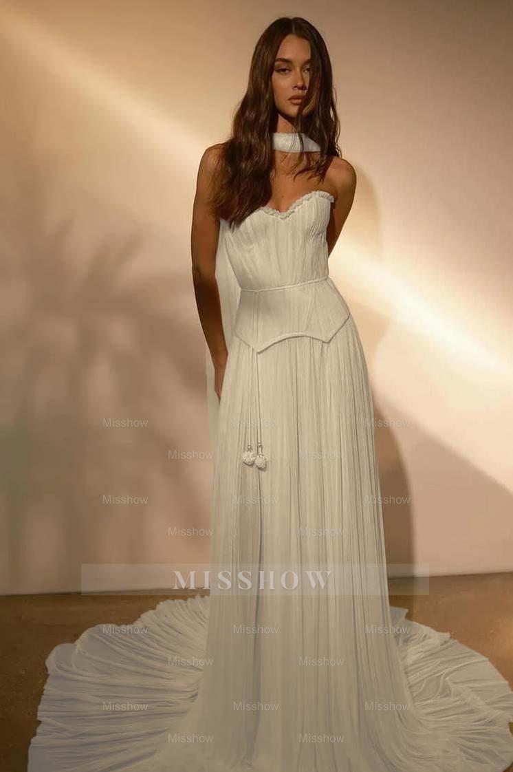 Chiffon Strapless Sleeveless Long Formal Dress With Belt Ruffles